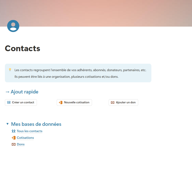 Impression écran de l'outil Notion créé pour l'association Lève les Yeux afin de gérer ses contacts